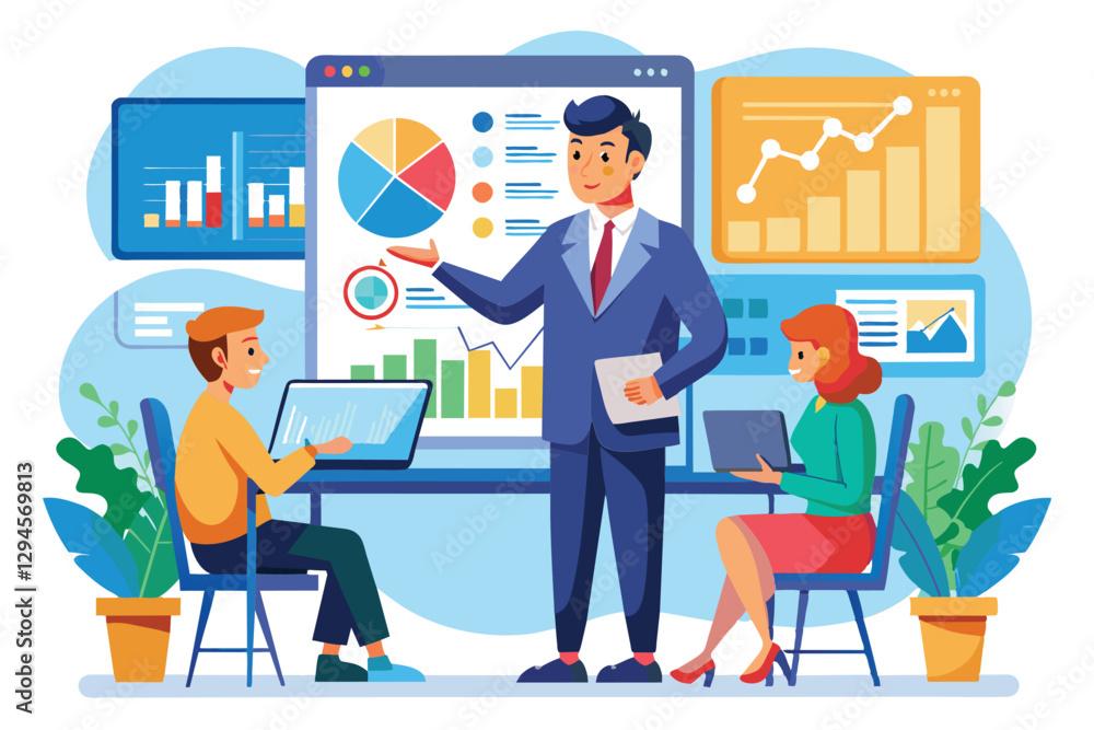 A manager discusses business analysis findings with team members, using charts and graphs displayed on a screen, Manager explaining business analysis on screen A manager discusses business analysis findings with team members, using charts and graphs displayed on a screen, Manager explaining business analysis on screen
