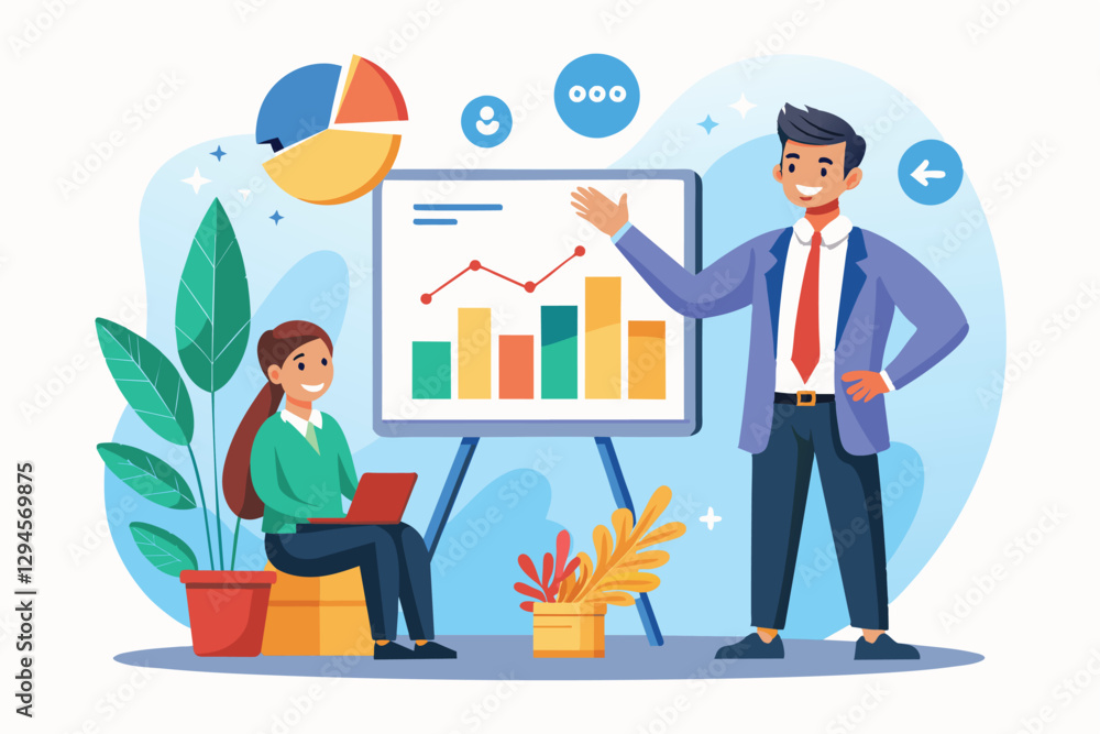 A manager is discussing growth charts and data trends with a team member in a casual office setting, Manager explaining growth charts concept A manager is discussing growth charts and data trends with a team member in a casual office setting, Manager explaining growth charts concept