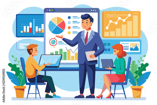 A manager discusses business analysis findings with team members, using charts and graphs displayed on a screen, Manager explaining business analysis on screen