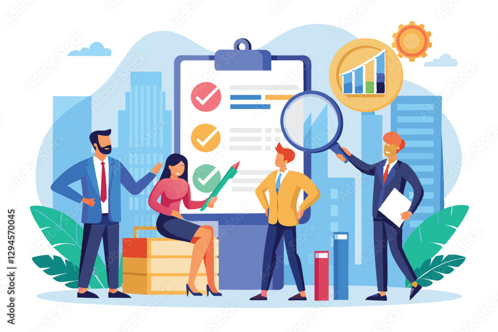 A team of managers collaborates on auditing business rules with charts and documents during a daytime meeting, Managers audit business rules A team of managers collaborates on auditing business rules with charts and documents during a daytime meeting, Managers audit business rules