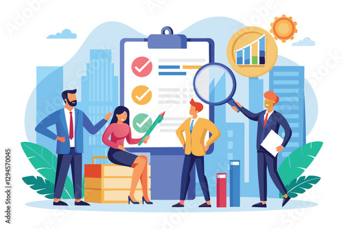 A team of managers collaborates on auditing business rules with charts and documents during a daytime meeting, Managers audit business rules