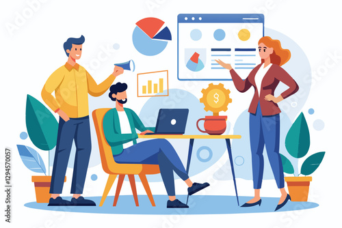 A group of managers collaborates actively, discussing strategies and visual data in a contemporary workspace, Managers give ideas to employee