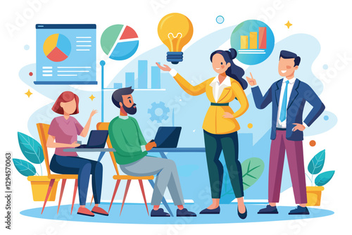 Managers engage with employees, exchanging creative ideas in a modern office setting with visual aids, Managers give ideas to employee