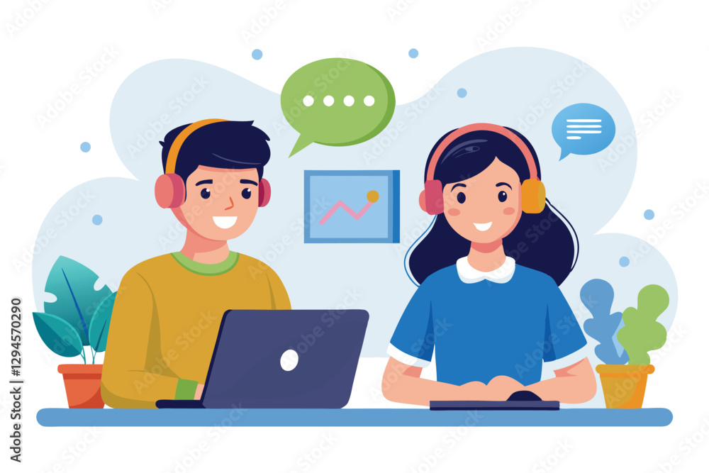 A young man and a girl are focused on their laptops, both wearing headphones and communicating, Man and girl in headphones sitting at laptops, technical support, A young man and a girl are focused on their laptops, both wearing headphones and communicating, Man and girl in headphones sitting at laptops, technical support,