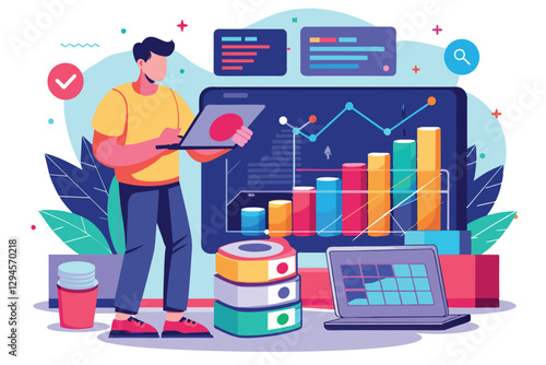 A man examines data charts on a laptop while assessing data storage solutions in a modern office, man analyzing data storage graph