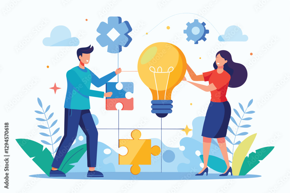 A man and woman work together to connect puzzle pieces to a light bulb, illustrating teamwork and creativity, Man and woman connecting light bulb puzzle, finding ideas solving problems A man and woman work together to connect puzzle pieces to a light bulb, illustrating teamwork and creativity, Man and woman connecting light bulb puzzle, finding ideas solving problems