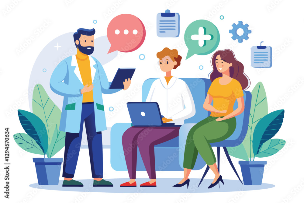 Fototapeta premium A doctor and a nurse assess a patient's needs and discuss the most effective treatment plans together, Man and woman diagnose patient and choose optimal method of treatment,