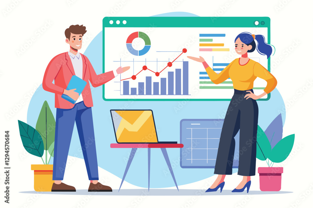 A man and woman engage an audience while presenting analytical data with visual aids in a contemporary workspace, Man and woman doing presentation with data analyst trending A man and woman engage an audience while presenting analytical data with visual aids in a contemporary workspace, Man and woman doing presentation with data analyst trending