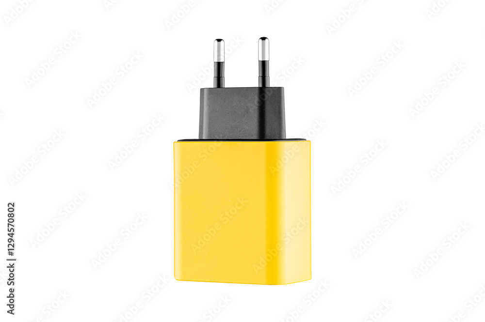 adapter for charger with USB and Type C connector, yellow, on isolated or white background close-up