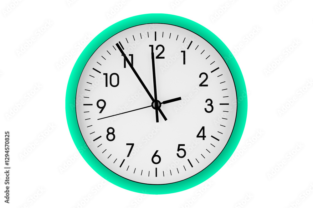 Green watch, wall clock 11 hours 45 minutes on isolated or white background close up Green watch, wall clock 11 hours 45 minutes on isolated or white background close up