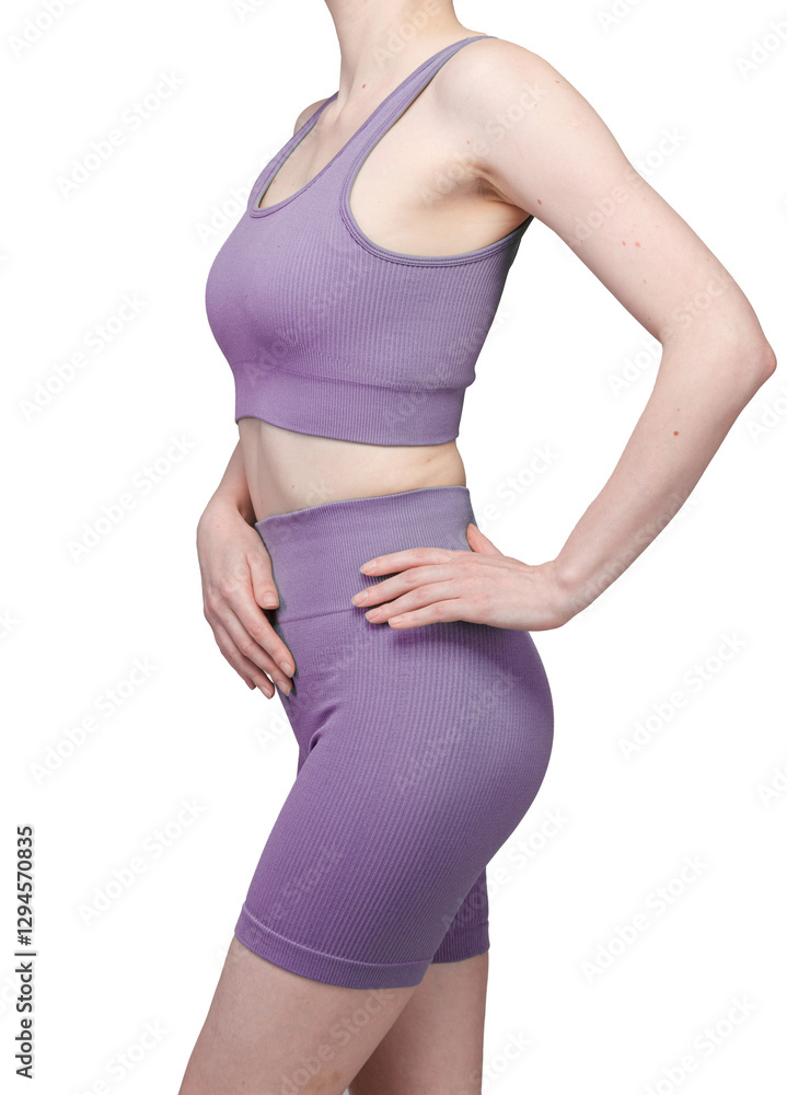 Detailed view of grey ribbed high-waisted shorts on a woman's lower body. The ribbed knit texture and high-waisted design are clearly visible. Studio lighting, white background. Detailed view of grey ribbed high-waisted shorts on a woman's lower body. The ribbed knit texture and high-waisted design are clearly visible. Studio lighting, white background.