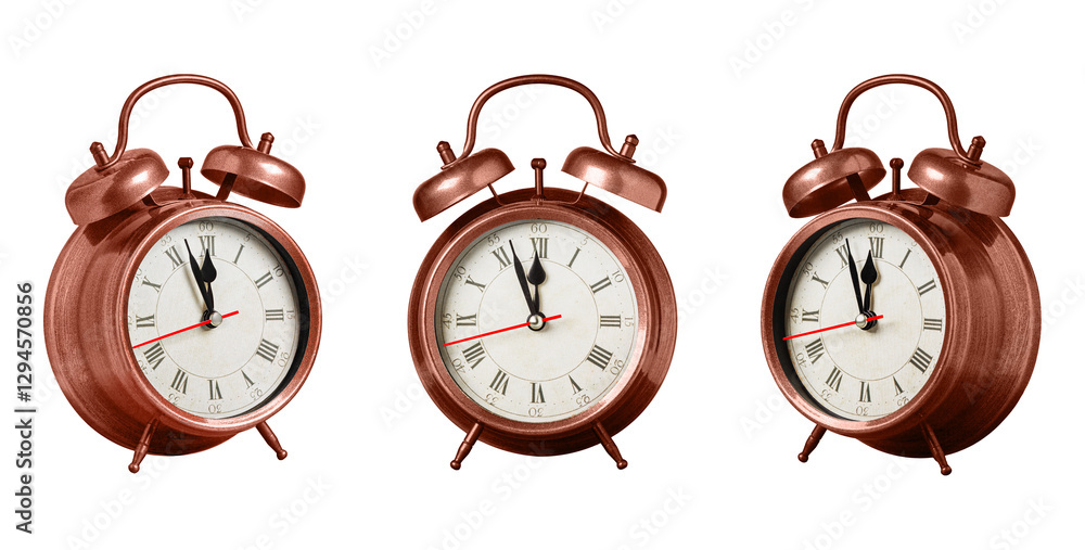 set collection retro clock, watch, pointer clock, Brown color alarm clock on isolated white background close up
