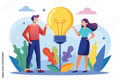 A man and woman collaborate, sharing ideas while standing close to a large light bulb surrounded by colorful plants, Man and woman near parts of light bulb,