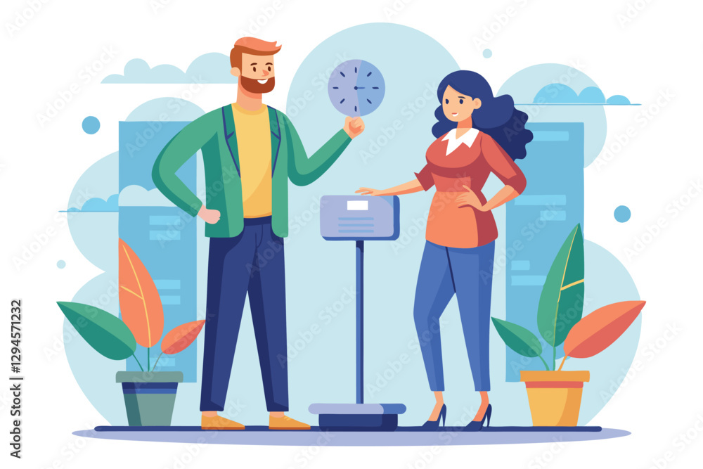 A man holds a clock while a woman stands beside him, both on a weighing scale indoors, Man and woman stand on scales, A man holds a clock while a woman stands beside him, both on a weighing scale indoors, Man and woman stand on scales,