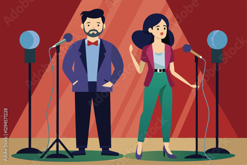 A man and woman stand confidently at the microphone stands, addressing an audience during a live event, Man and woman stand behind microphone stands,