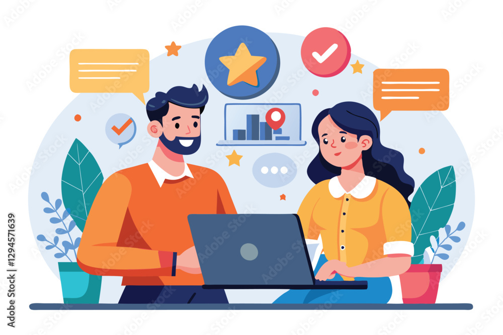 A man and woman are discussing feedback while using a laptop in a modern workspace setting, Man and woman with laptop evaluate opinions of users and clients, A man and woman are discussing feedback while using a laptop in a modern workspace setting, Man and woman with laptop evaluate opinions of users and clients,