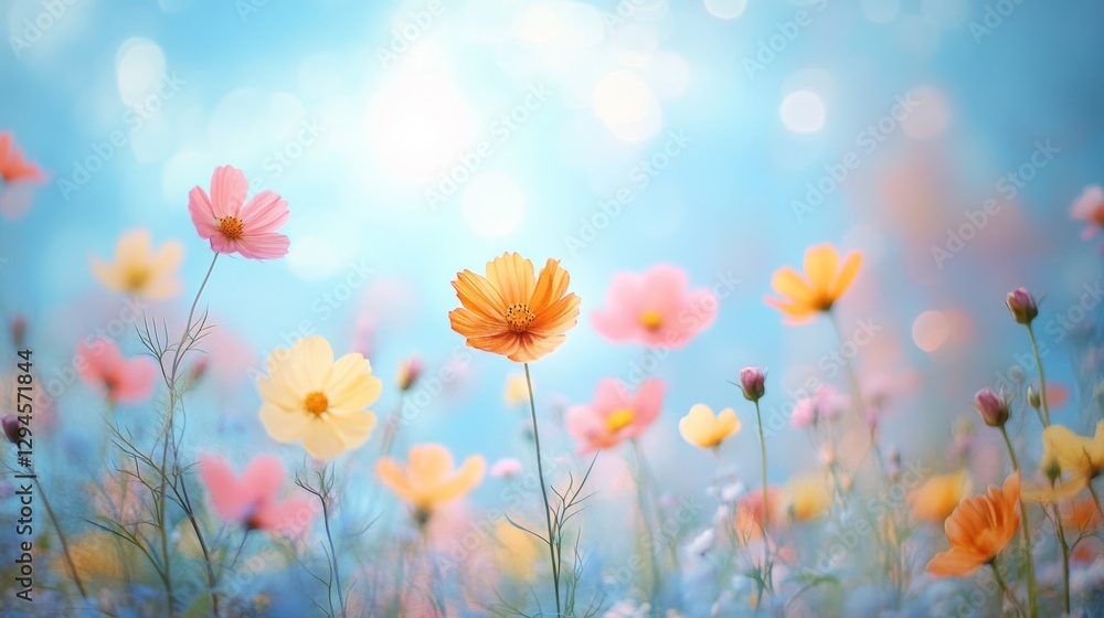 A dreamy field of pastel-colored flowers swaying under a bright blue sky, creating a whimsical and peaceful atmosphere. A dreamy field of pastel-colored flowers swaying under a bright blue sky, creating a whimsical and peaceful atmosphere.