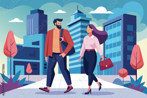 A man and woman stroll through a vibrant city environment, enjoying their day together, Man and women in casual clothes walk in modern city,