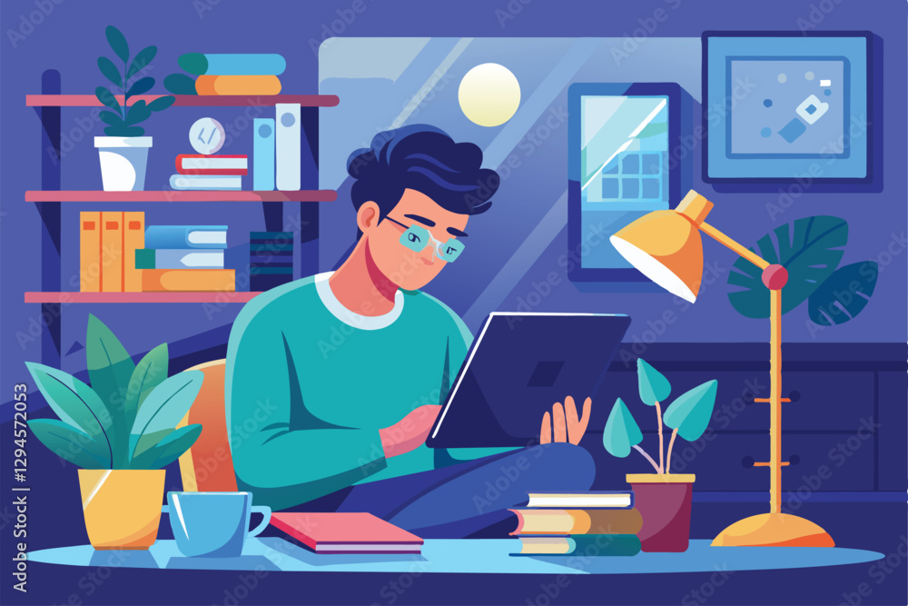 A man engages in studying at home, focusing on his tablet, surrounded by books and plants in a warm atmosphere, Man at home studying with tablet book and study lamp A man engages in studying at home, focusing on his tablet, surrounded by books and plants in a warm atmosphere, Man at home studying with tablet book and study lamp
