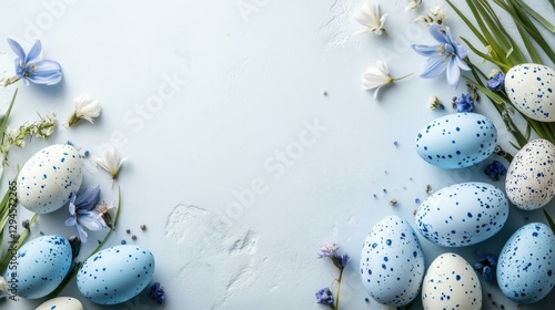 Border with bright blue easter eggs with copy space for text