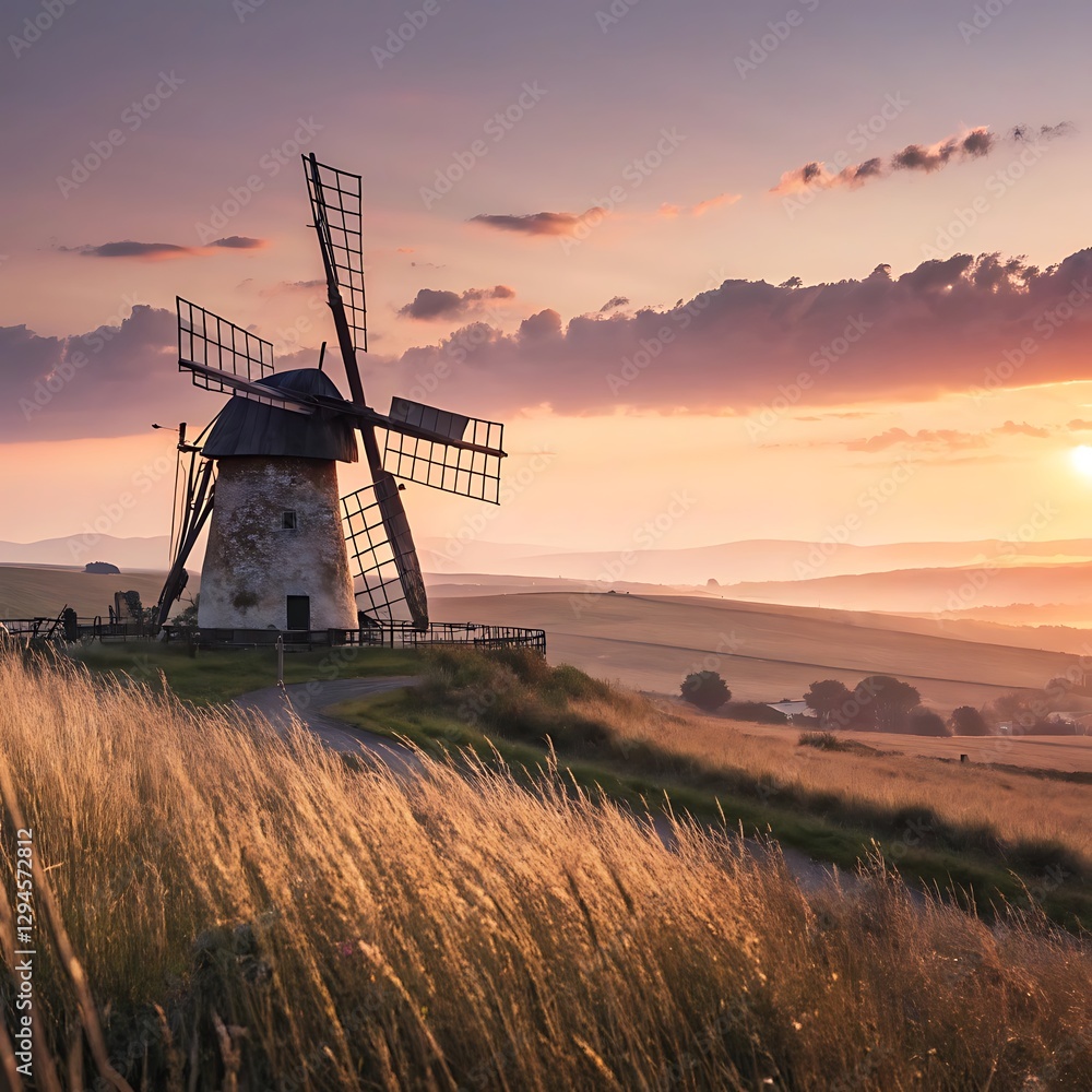 Fototapeta premium Serene Sunset Landscape with Windmill Picturesque Rural Scene