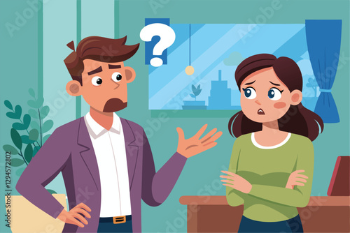 A man appears puzzled as a woman discusses something important in a modern room setting, Man does not understand what woman saying to him,