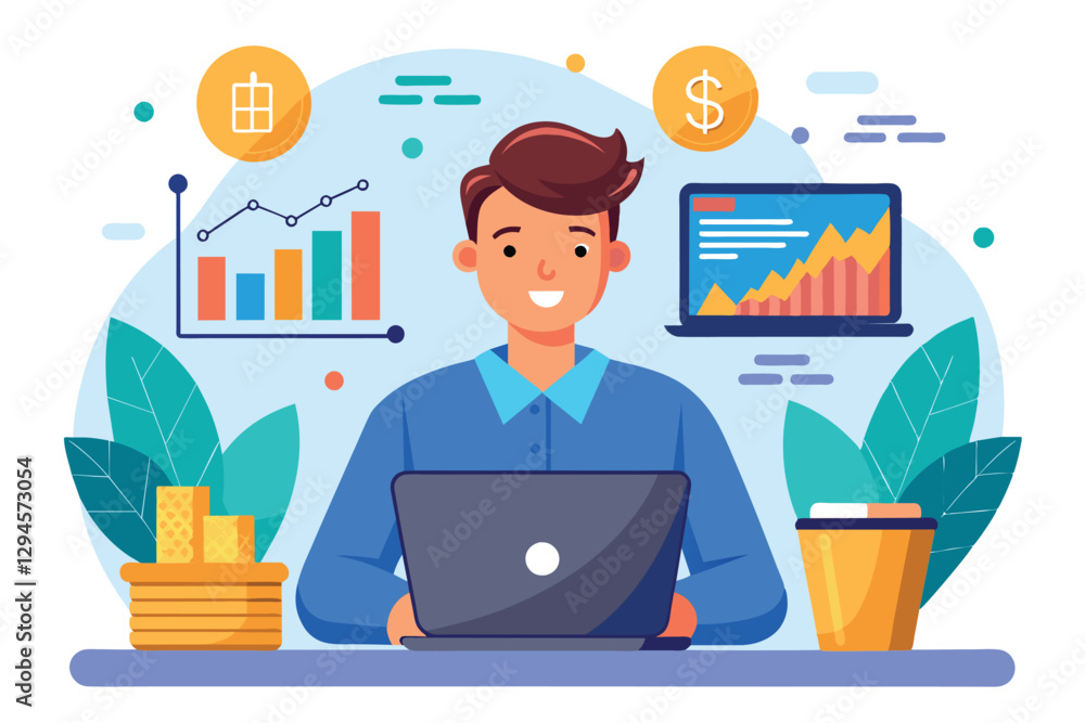 A man is analyzing market trends and trading on his laptop while sitting at a desk with charts around him, man doing trading on laptop A man is analyzing market trends and trading on his laptop while sitting at a desk with charts around him, man doing trading on laptop