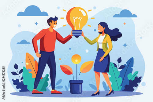 A man gives a light bulb to a woman in a colorful garden filled with plants under a bright sky, man gives light bulb to woman