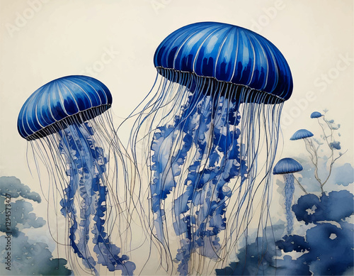 Watercolor painting blue jellyfish in blue water, wall art paint background vector, vintage wallart design