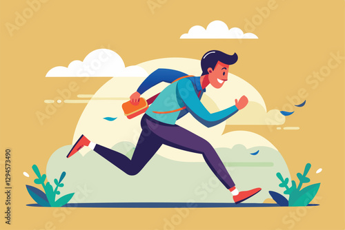 A young man is running swiftly with a bag in hand, eager to reach home and relax, Man hurry to rest,