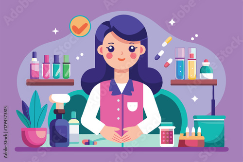A skilled manicurist sits at her workstation, ready to create beautiful nail designs using vibrant colors, Manicurist Customizable Flat Illustration