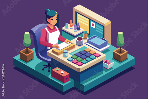 A skilled manicurist organizes nail art supplies while preparing for clients in a vibrant salon setting, Manicurist Customizable Isometric Illustration