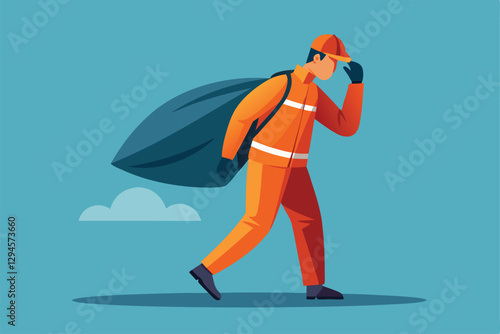 A man dressed in an orange safety suit carries a large garbage bag while walking outdoors, Man in an orange suit carrying a large garbage sack, concept of work,