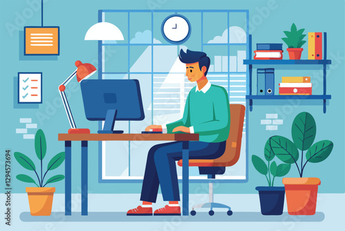A man sits at a desk with a computer, focused on work in a bright office filled with plants and natural light, man in a officeman in a office man working at computer