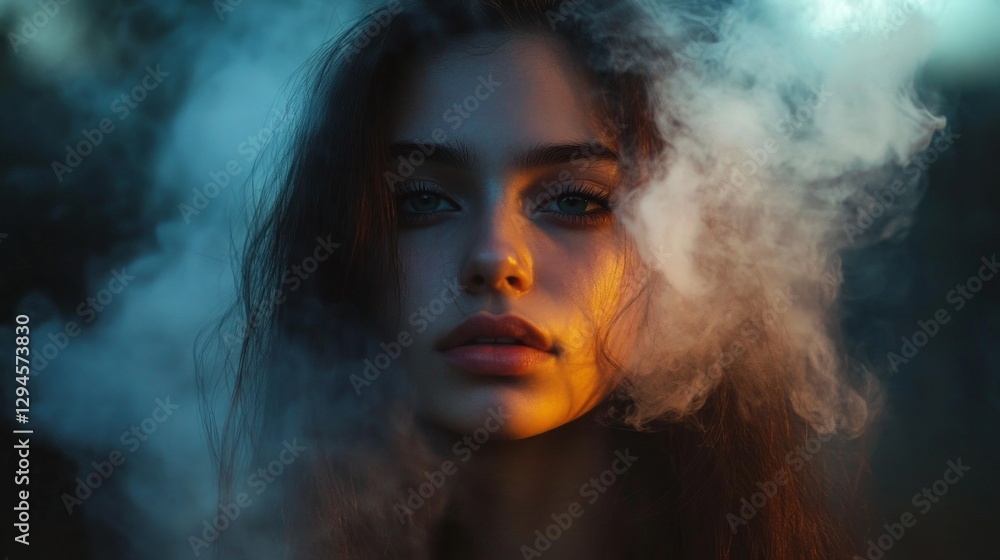 Amidst ethereal smoke, a captivating figure captivates with deep-set eyes and soft features, illuminated by warm colors. The twilight setting enhances the mysterious allure Amidst ethereal smoke, a captivating figure captivates with deep-set eyes and soft features, illuminated by warm colors. The twilight setting enhances the mysterious allure