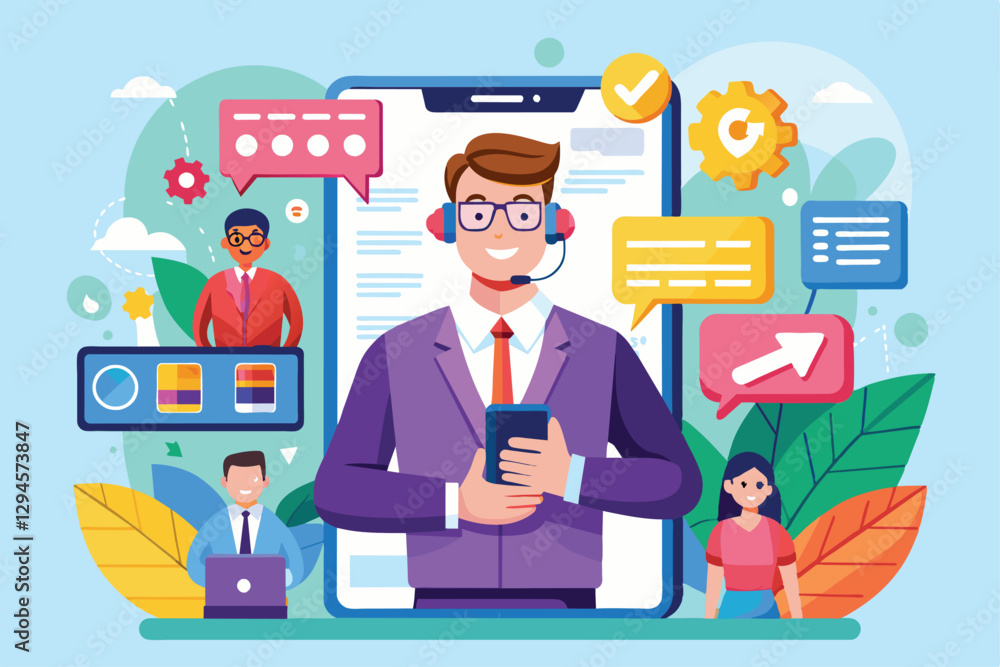 A young man in a headset engages in customer support through his smartphone with vibrant graphics around him, man in cell phone showing customer support management A young man in a headset engages in customer support through his smartphone with vibrant graphics around him, man in cell phone showing customer support management