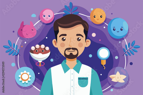 A man stands amid colorful illustrations representing various aspects of infertility and support systems, Man infertility Customizable Cartoon Illustration