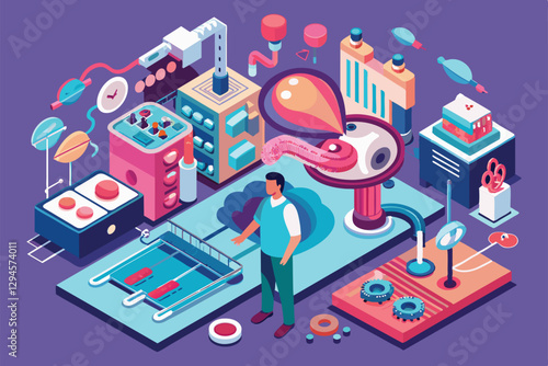 A man interacts with customizable isometric graphics showcasing man infertility solutions and technologies, Man infertility Customizable Isometric Illustration