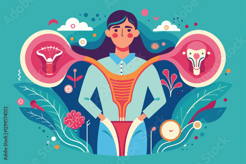 A man stands confidently with symbolic representations of infertility and reproductive anatomy around him, Man infertility Customizable Semi Flat Illustration