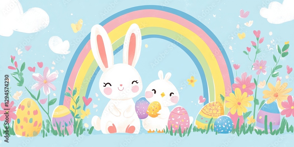 Cute bunny and chick holding easter eggs in colorful spring garden with rainbow Cute bunny and chick holding easter eggs in colorful spring garden with rainbow