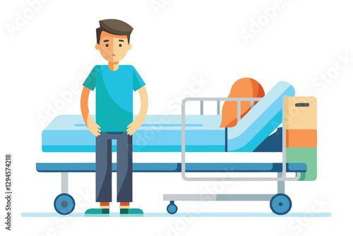 A man stands next to an adjustable medical bed in a simple healthcare environment, looking thoughtful, man in medical bed vector flat minimalistic isolated illustration