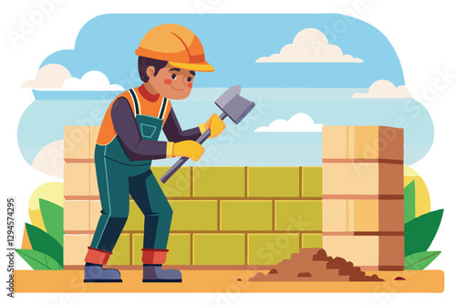 A worker in a helmet and uniform digs thoughtfully at a construction site under a clear sky, Man in uniform and protective helmet with spade builds wall,