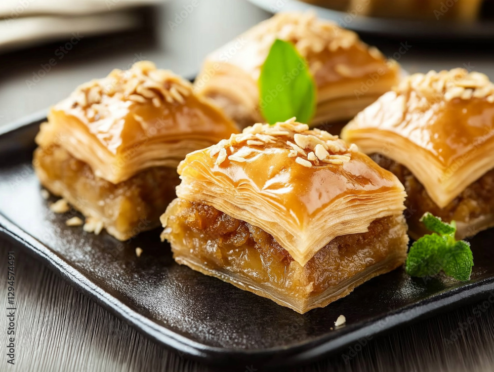 Delicious baklava pieces with nuts and honey on black plate Delicious baklava pieces with nuts and honey on black plate