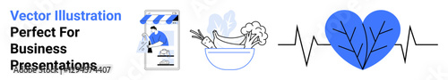 Mobile food delivery app, healthy meal in a bowl, and heart pulse symbol promoting health, wellness, and eco-friendliness. Ideal for health, food, technology, lifestyle fitness sustainability flat