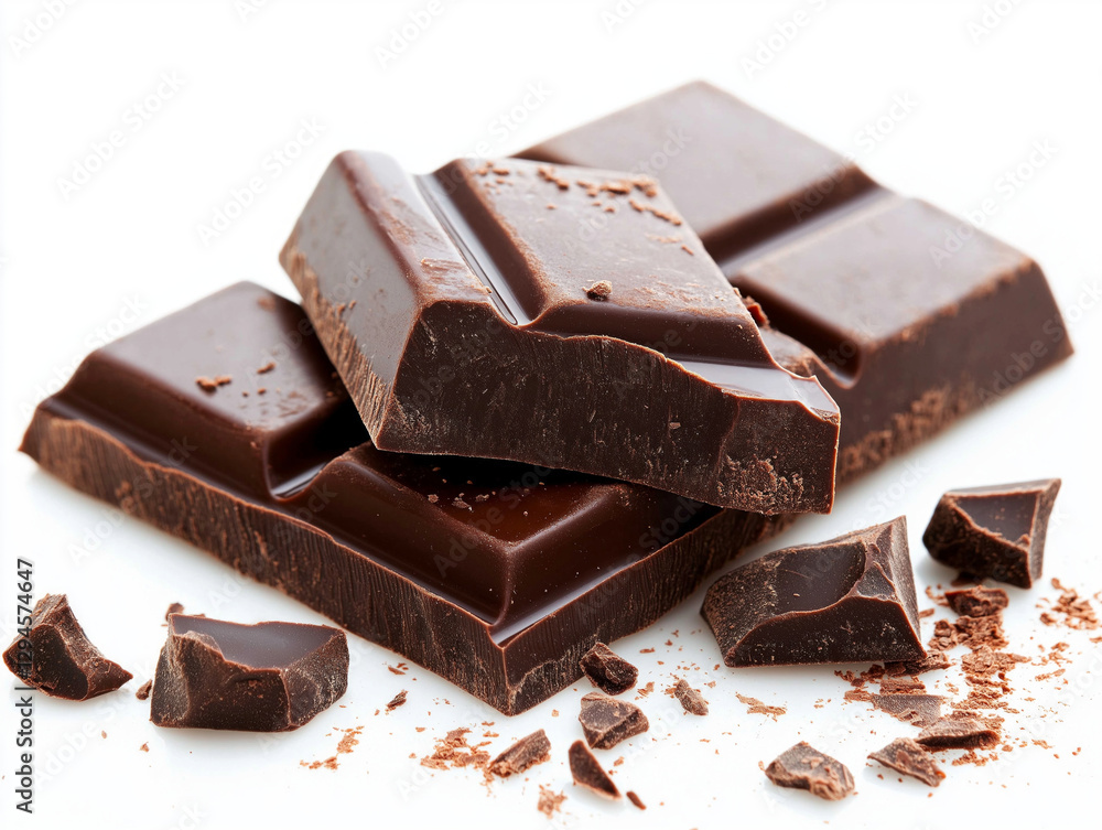 Delicious dark chocolate pieces breaking apart on white background Delicious dark chocolate pieces breaking apart on white background