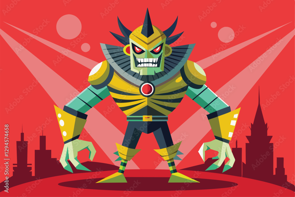 A large, menacing character with exaggerated features stands confidently against a colorful background, Manipulation Customizable Disproportionate Illustration A large, menacing character with exaggerated features stands confidently against a colorful background, Manipulation Customizable Disproportionate Illustration