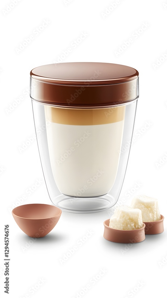Double Layer Latte in Glass Cup with Brown Lid and Sugar Cubes Double Layer Latte in Glass Cup with Brown Lid and Sugar Cubes