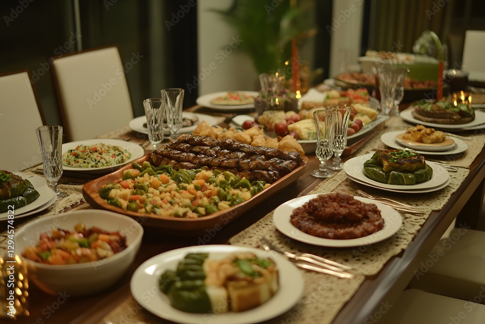 Ramadan Family Dinner Table with a Festive Atmosphere. Ramadan Family Dinner Table with a Festive Atmosphere.