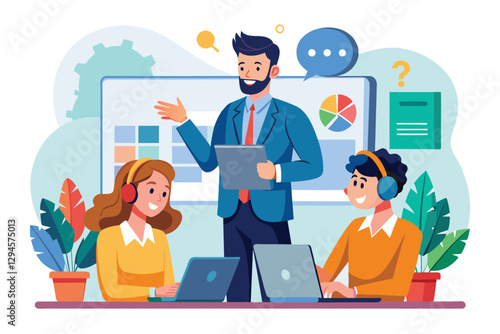 A man provides insights on customer service management while two participants actively engage in learning, man is explaining about customer service management