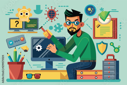 A man is focused on fixing a computer that has malware issues in a bright workspace filled with tech tools, man is fixing a computer that has malware on it
